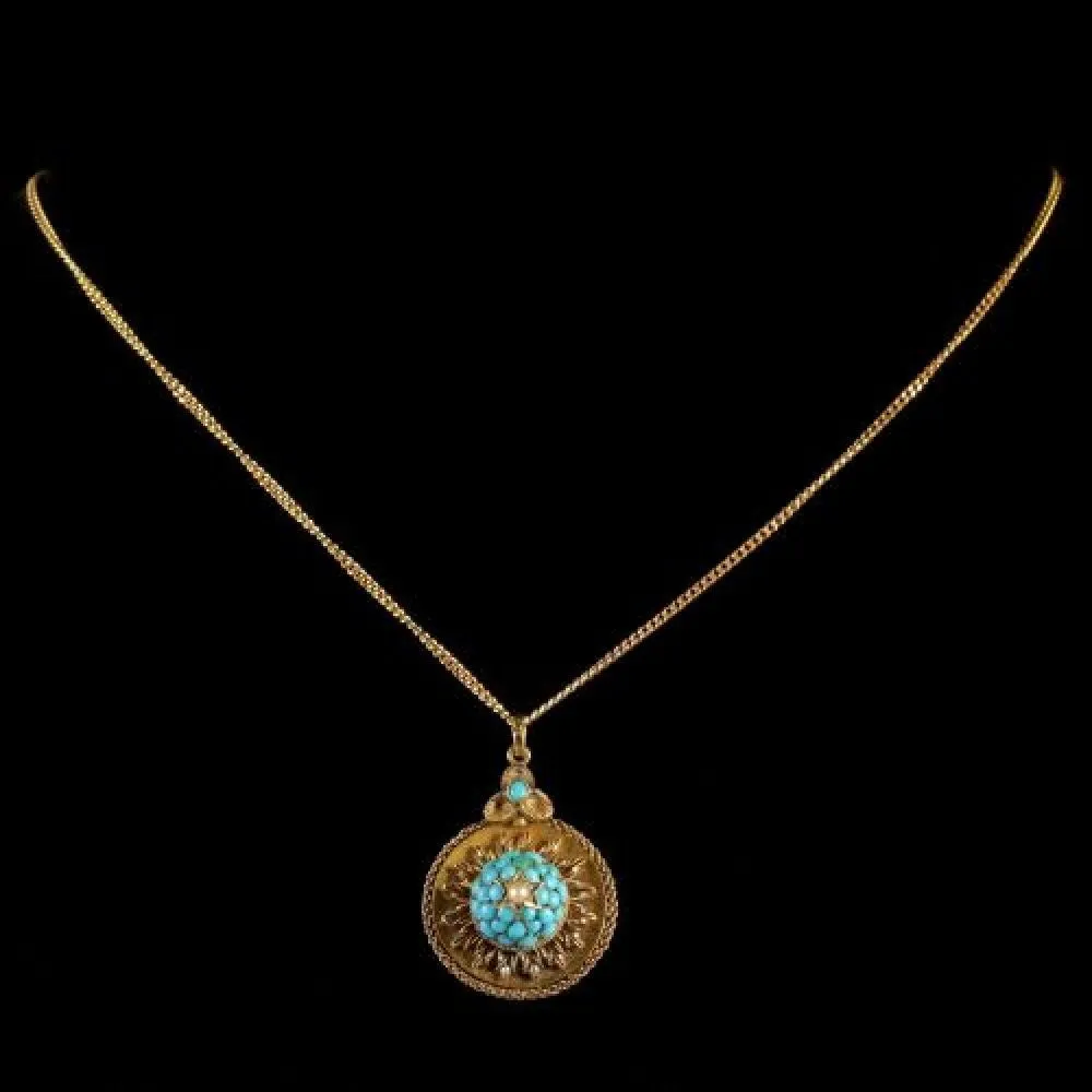 Antique Victorian Gold Turquoise Locket Pendant Necklace Circa 1880