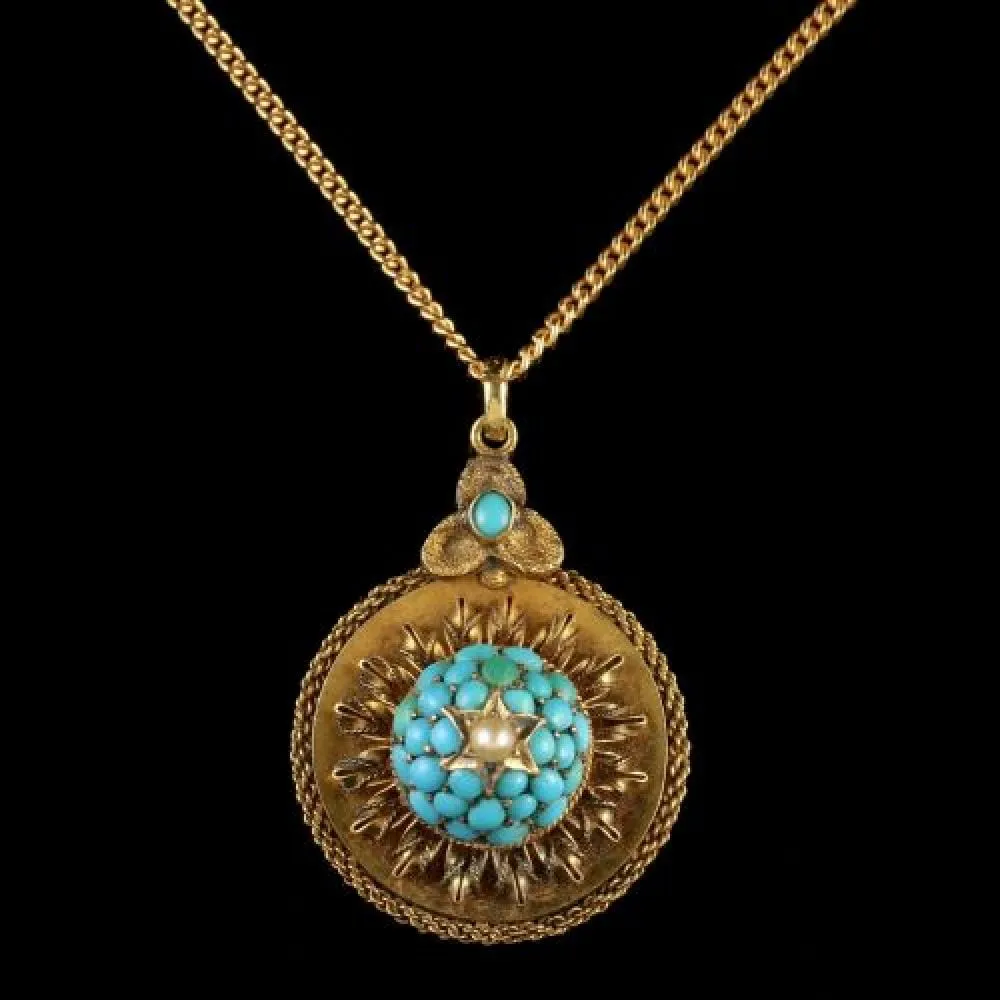 Antique Victorian Gold Turquoise Locket Pendant Necklace Circa 1880