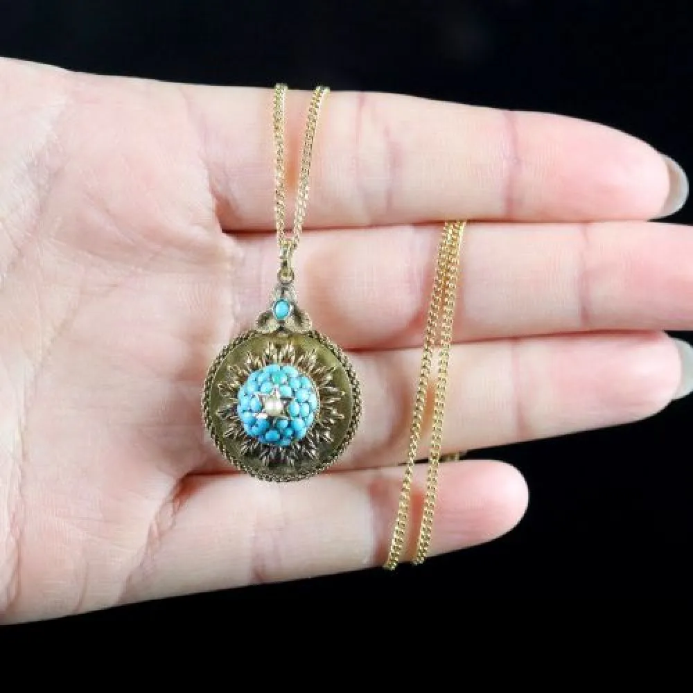 Antique Victorian Gold Turquoise Locket Pendant Necklace Circa 1880