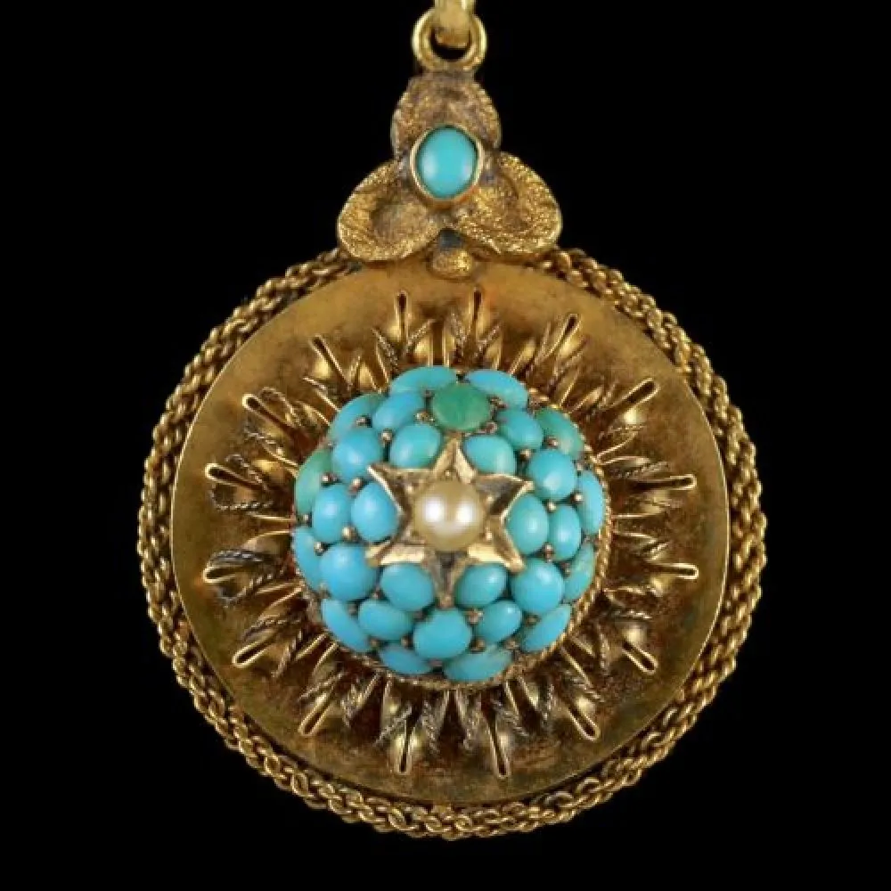 Antique Victorian Gold Turquoise Locket Pendant Necklace Circa 1880