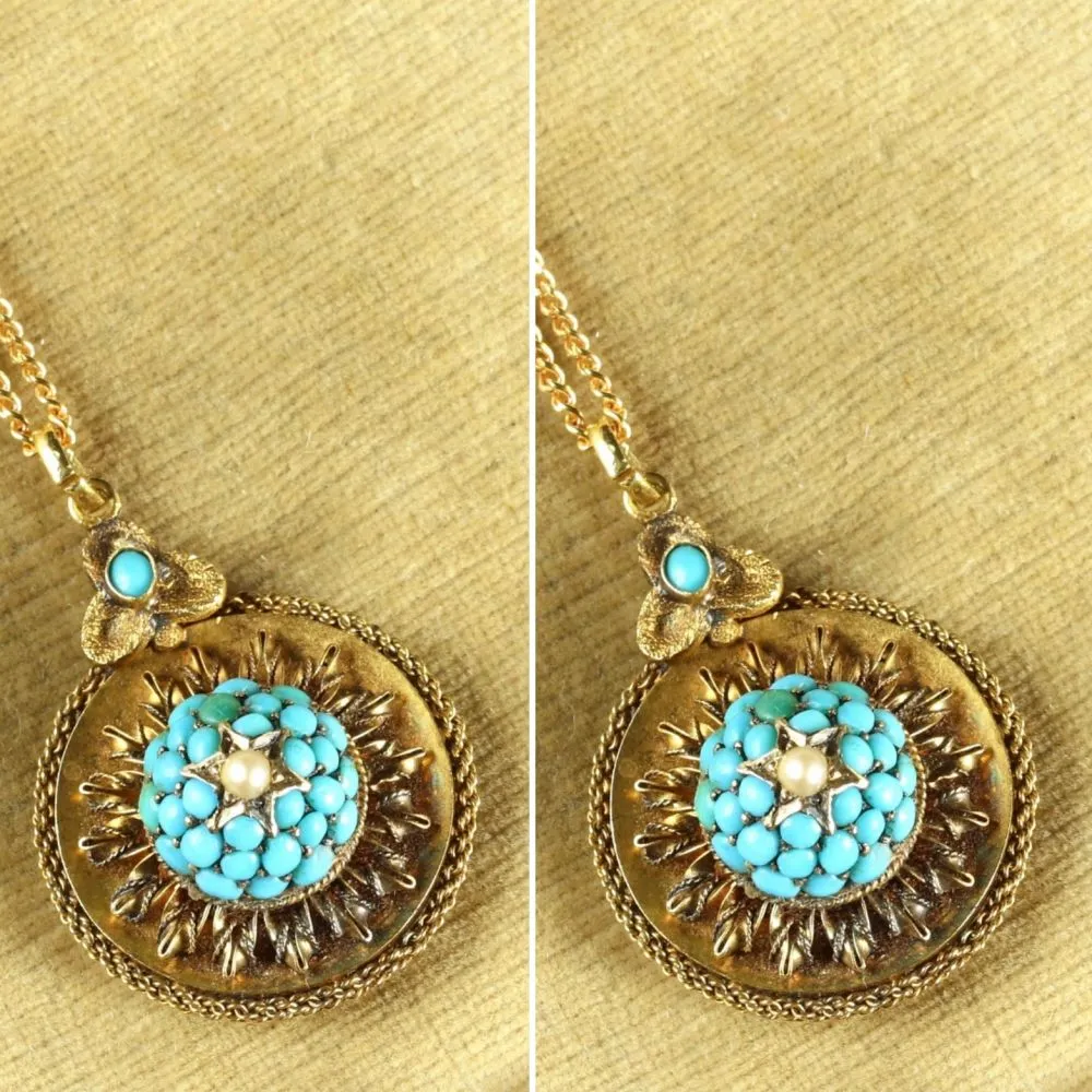 Antique Victorian Gold Turquoise Locket Pendant Necklace Circa 1880