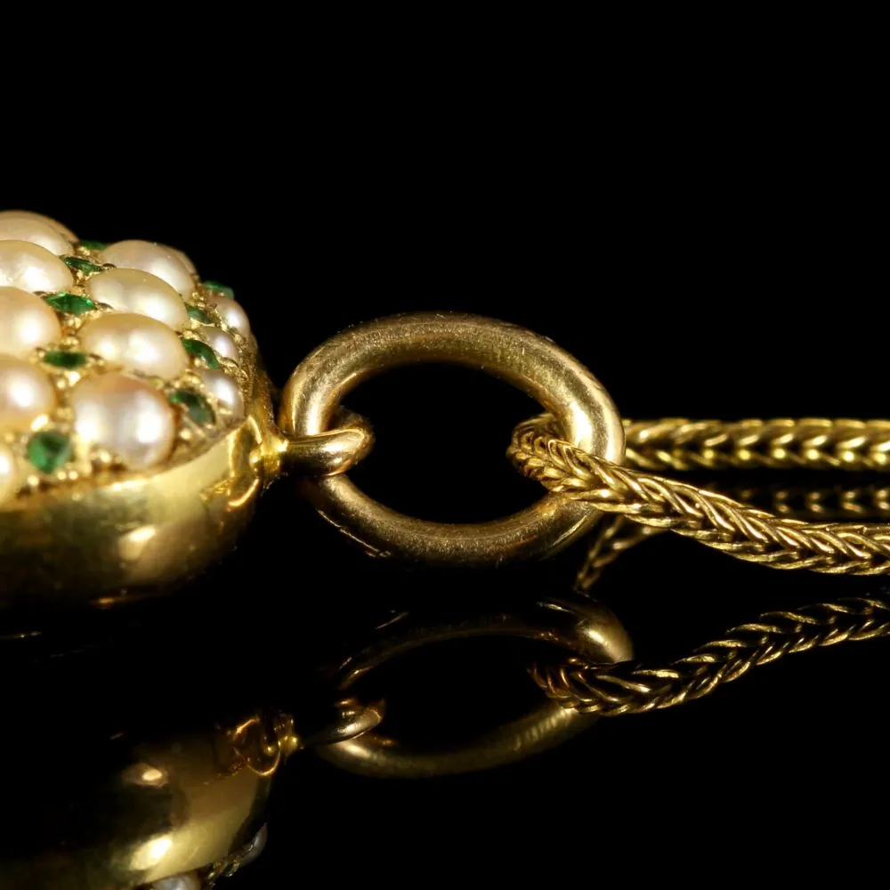 Antique Victorian Heart Locket Emerald Pearl 18Ct Gold Necklace