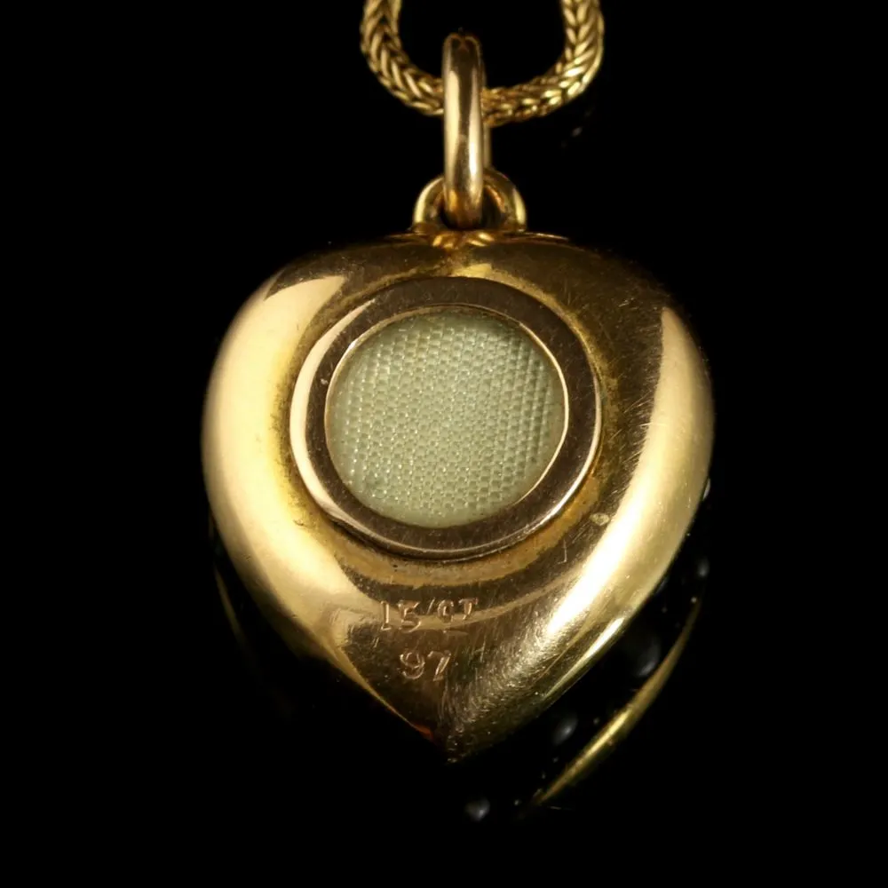 Antique Victorian Heart Locket Emerald Pearl 18Ct Gold Necklace