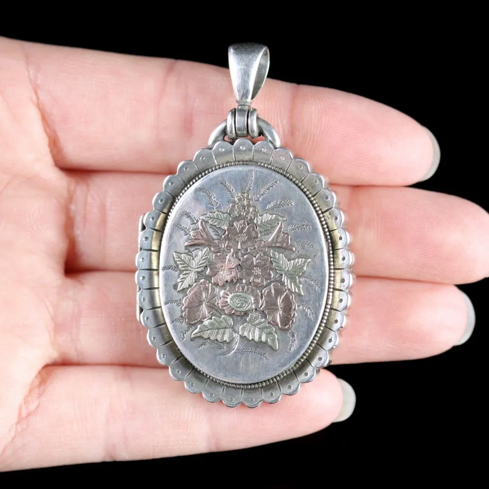 Antique Victorian Silver Gold Flower Locket Circa 1880