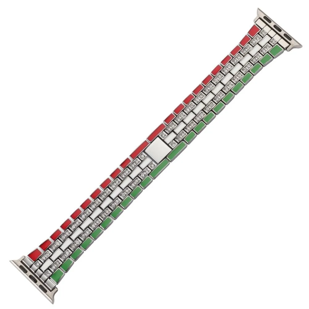 Apple Watch (45mm) rhinestone flag style watch strap - Red / Green / Silver