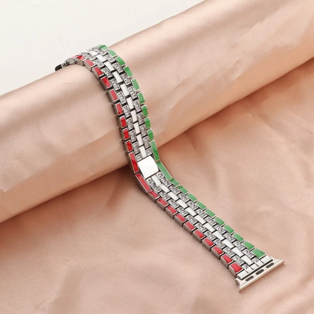 Apple Watch (45mm) rhinestone flag style watch strap - Red / Green / Silver