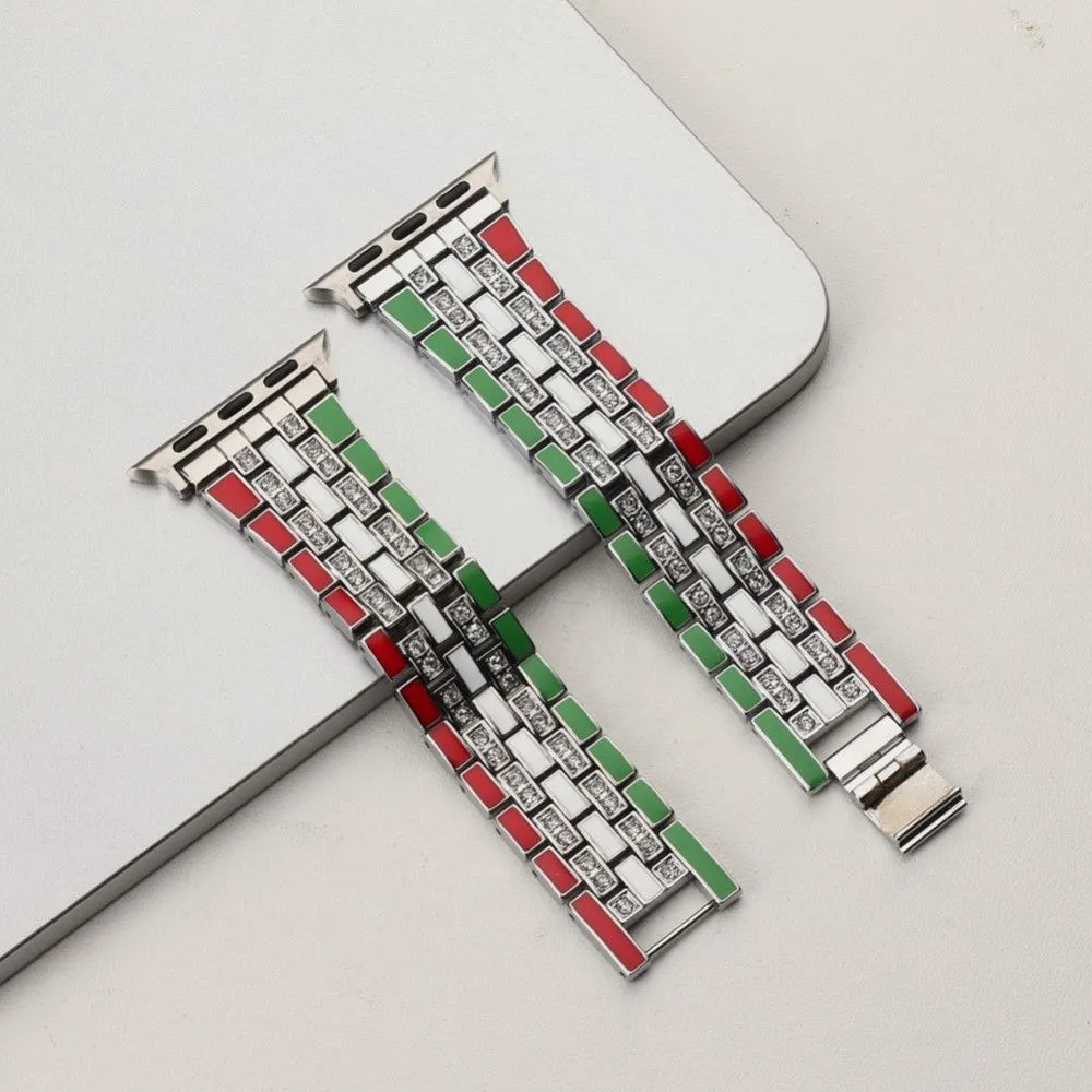 Apple Watch (45mm) rhinestone flag style watch strap - Red / Green / Silver