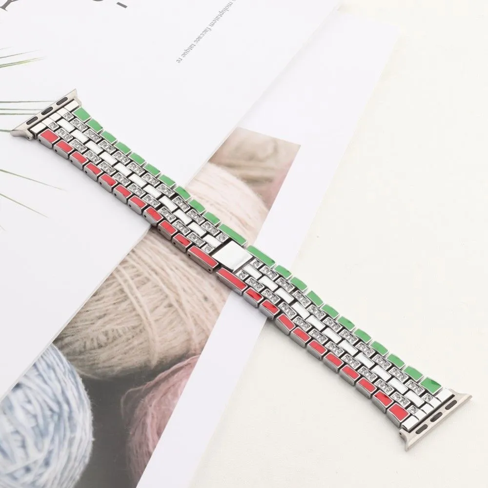 Apple Watch (45mm) rhinestone flag style watch strap - Red / Green / Silver