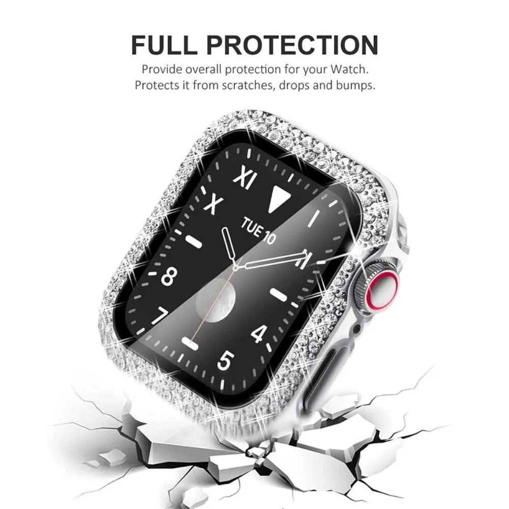 Apple Watch Series 3/2/1 42mm elegant stainless steel with rhinestone cover - Silver / White Leather