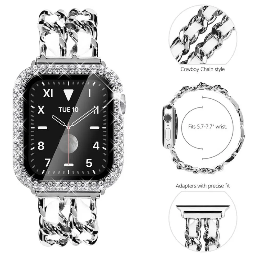 Apple Watch Series 3/2/1 42mm elegant stainless steel with rhinestone cover - Silver / White Leather