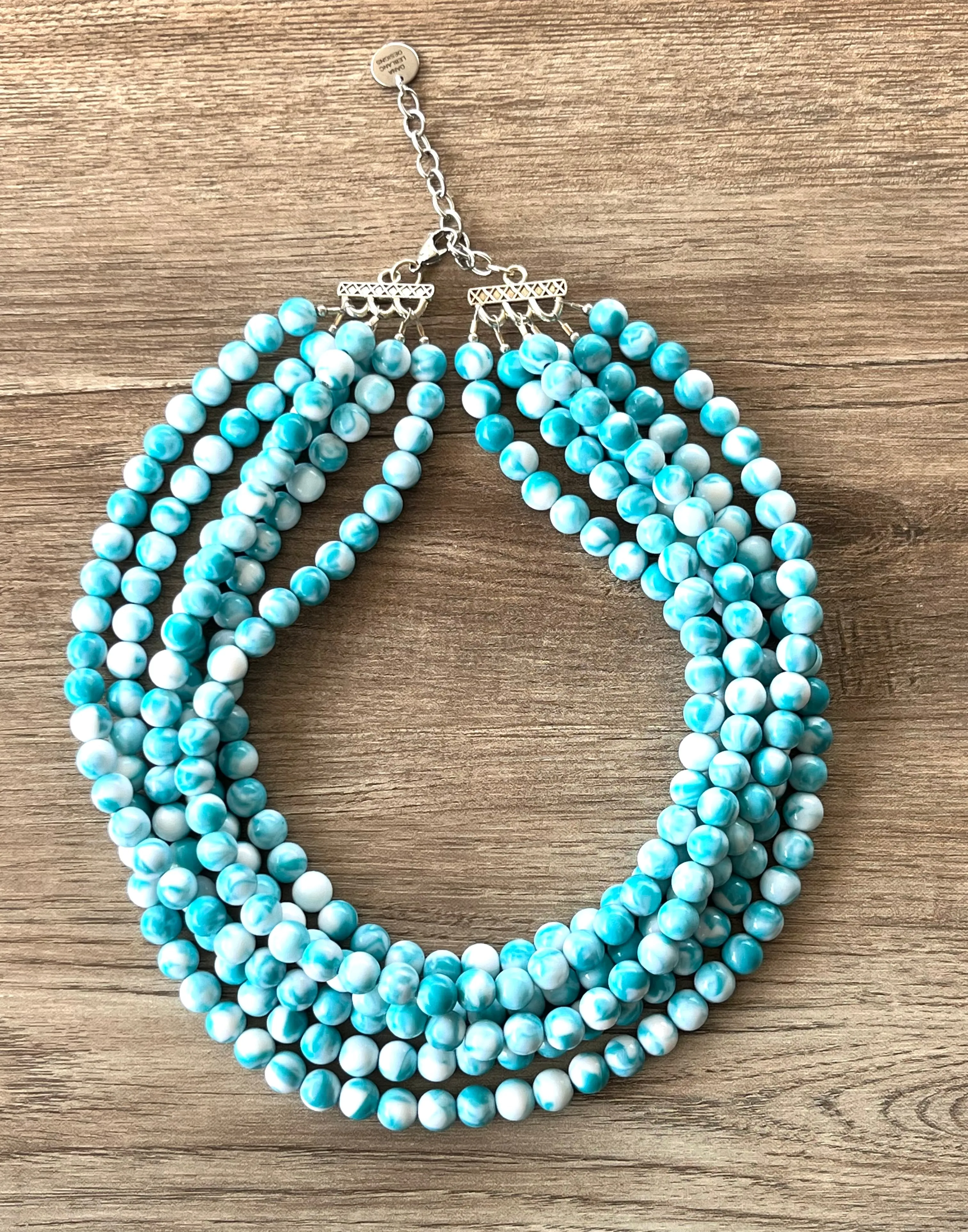 Aqua Blue White Acrylic Lucite Bead Chunky Statement Necklace - Alana