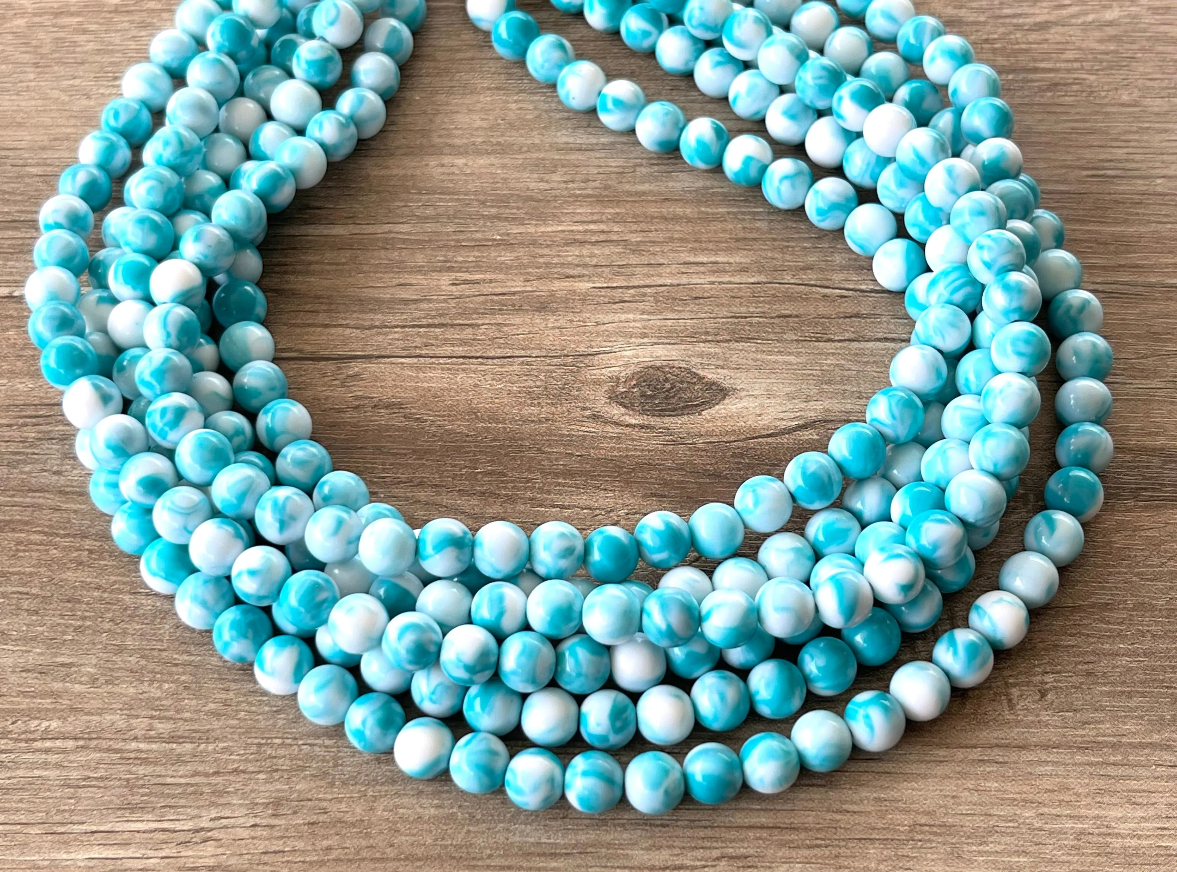 Aqua Blue White Acrylic Lucite Bead Chunky Statement Necklace - Alana