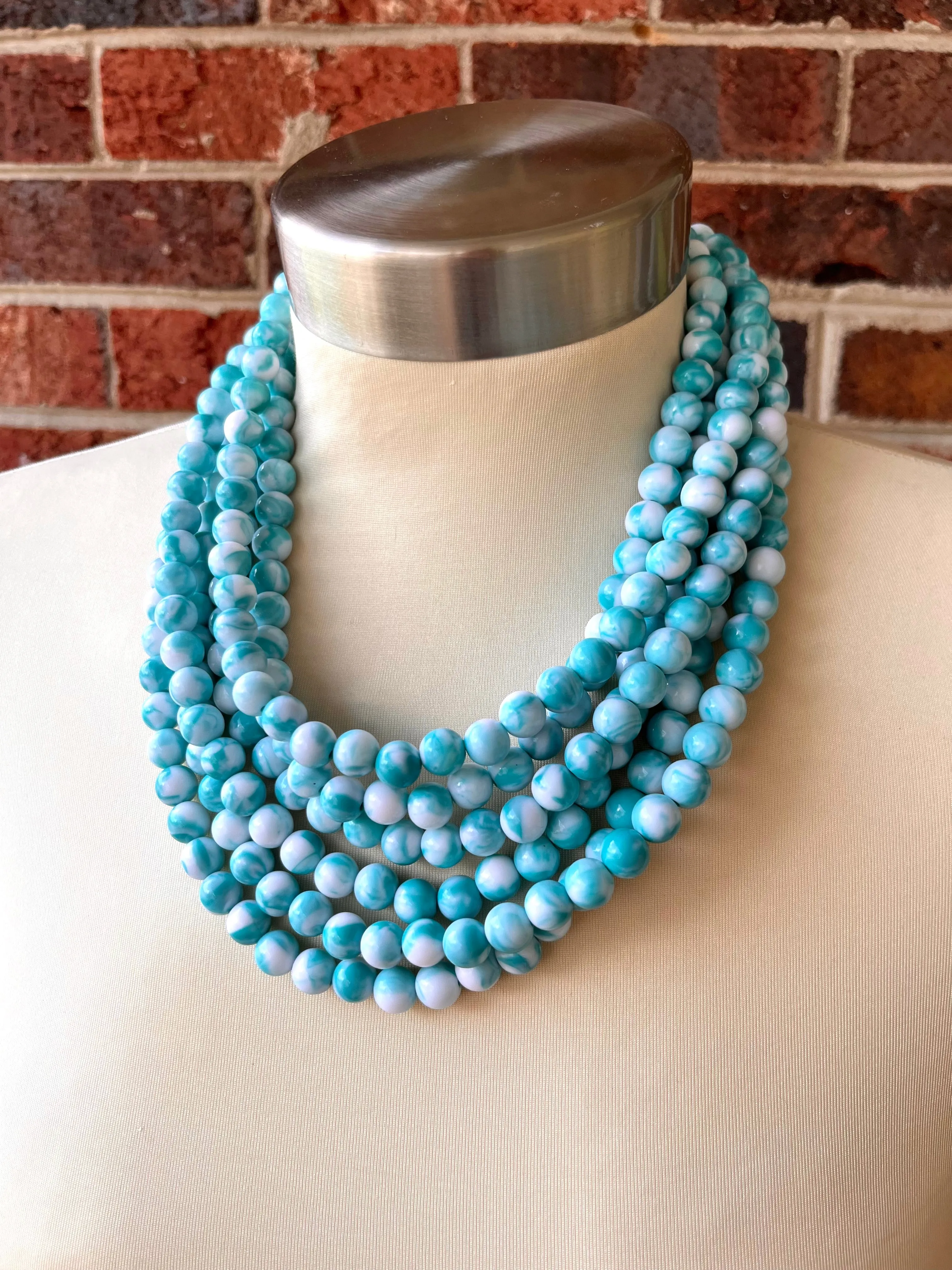 Aqua Blue White Acrylic Lucite Bead Chunky Statement Necklace - Alana