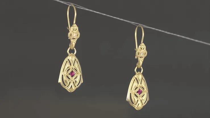 Art Deco Dangling Sterling Silver Ruby and Diamond Filigree Earrings with Yellow Gold Vermeil