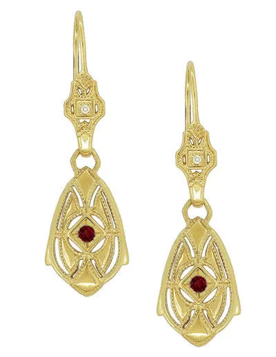 Art Deco Dangling Sterling Silver Ruby and Diamond Filigree Earrings with Yellow Gold Vermeil