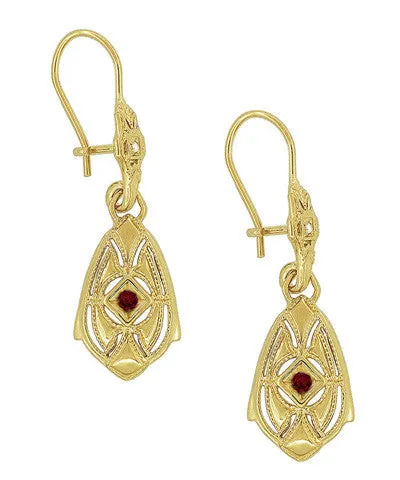 Art Deco Dangling Sterling Silver Ruby and Diamond Filigree Earrings with Yellow Gold Vermeil