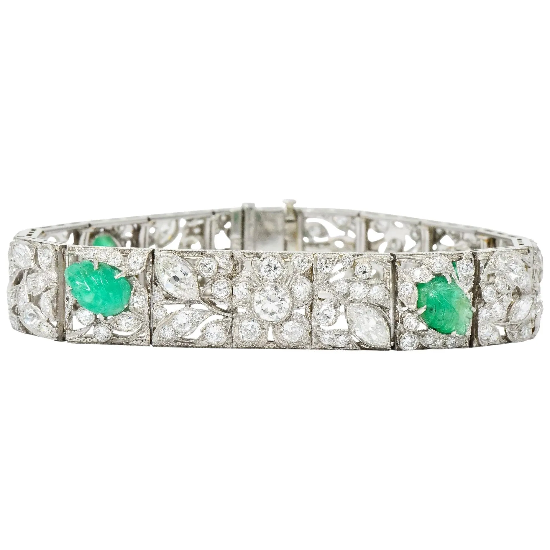 Art Deco Drosten 15.00 CTW Carved Emerald Diamond Platinum Bracelet