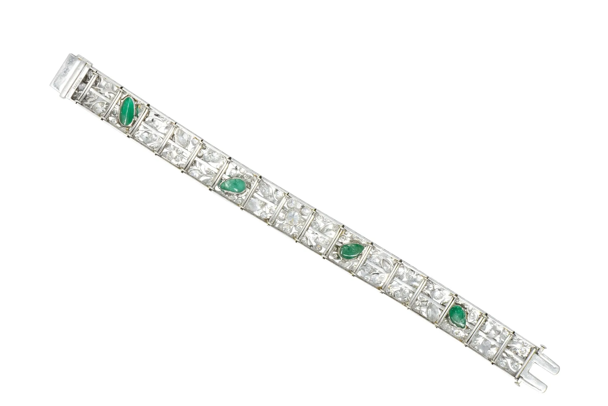 Art Deco Drosten 15.00 CTW Carved Emerald Diamond Platinum Bracelet