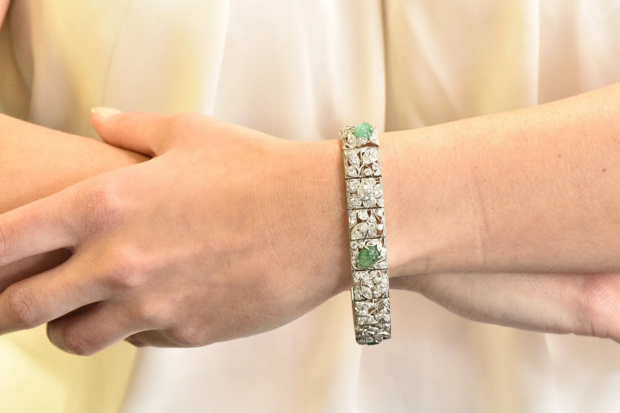 Art Deco Drosten 15.00 CTW Carved Emerald Diamond Platinum Bracelet