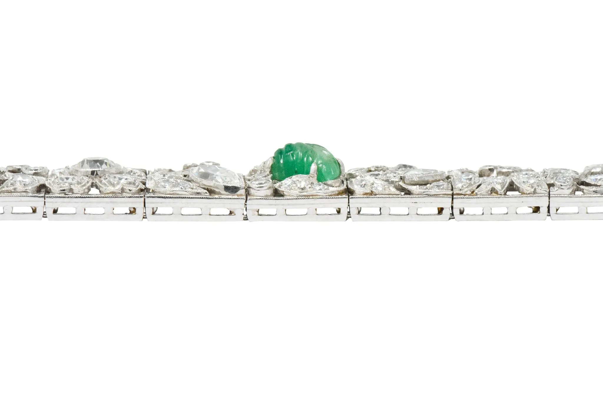 Art Deco Drosten 15.00 CTW Carved Emerald Diamond Platinum Bracelet