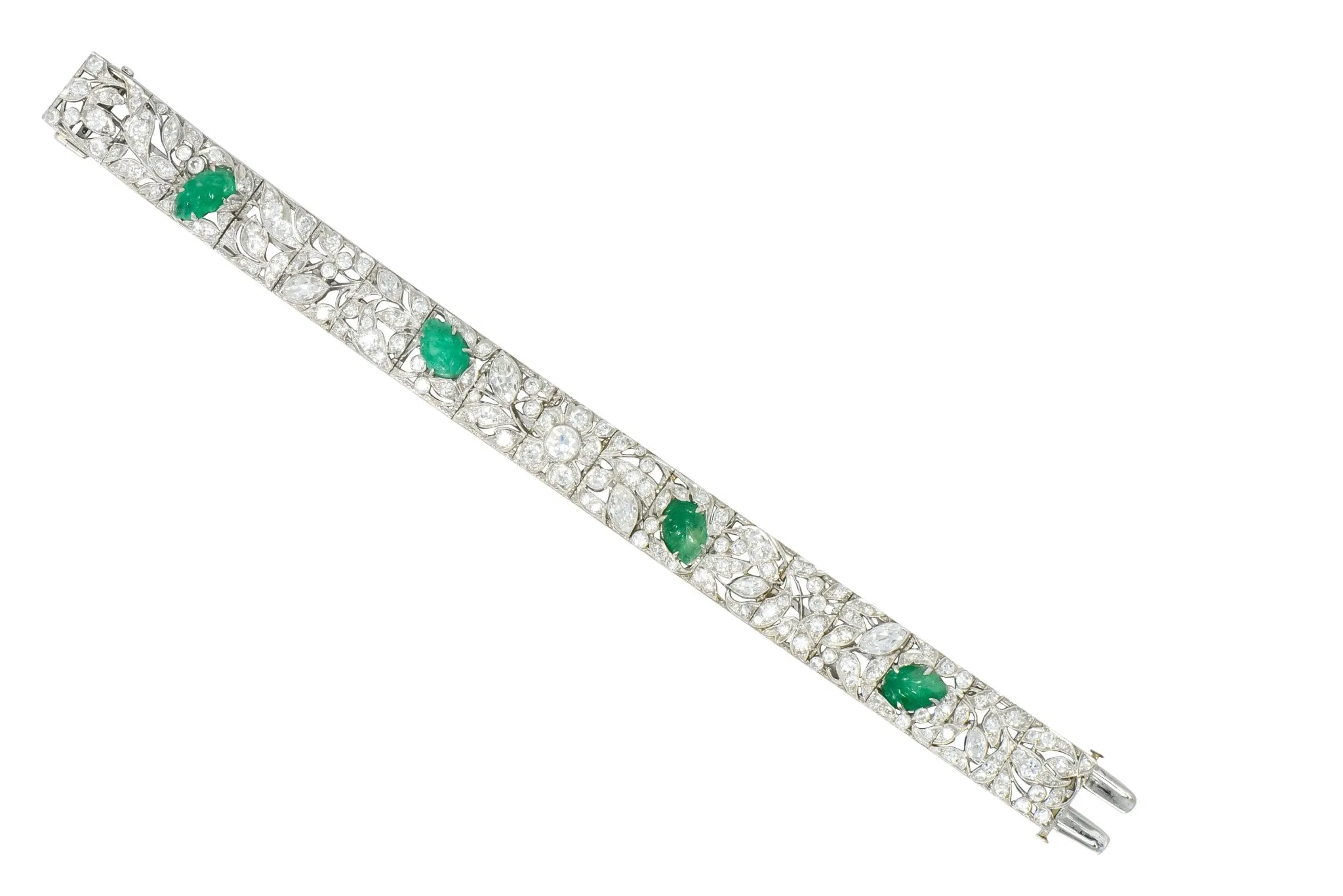 Art Deco Drosten 15.00 CTW Carved Emerald Diamond Platinum Bracelet