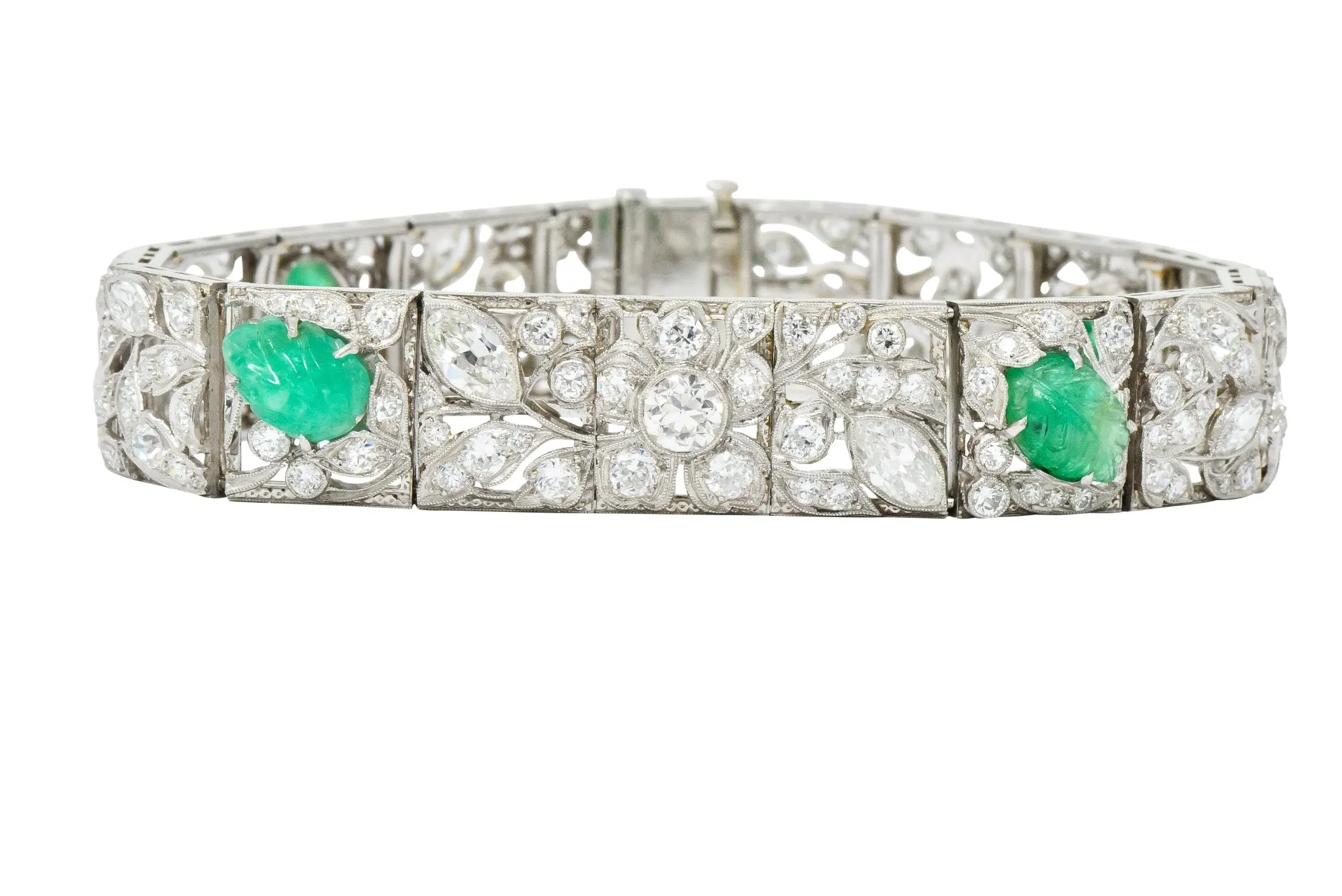 Art Deco Drosten 15.00 CTW Carved Emerald Diamond Platinum Bracelet