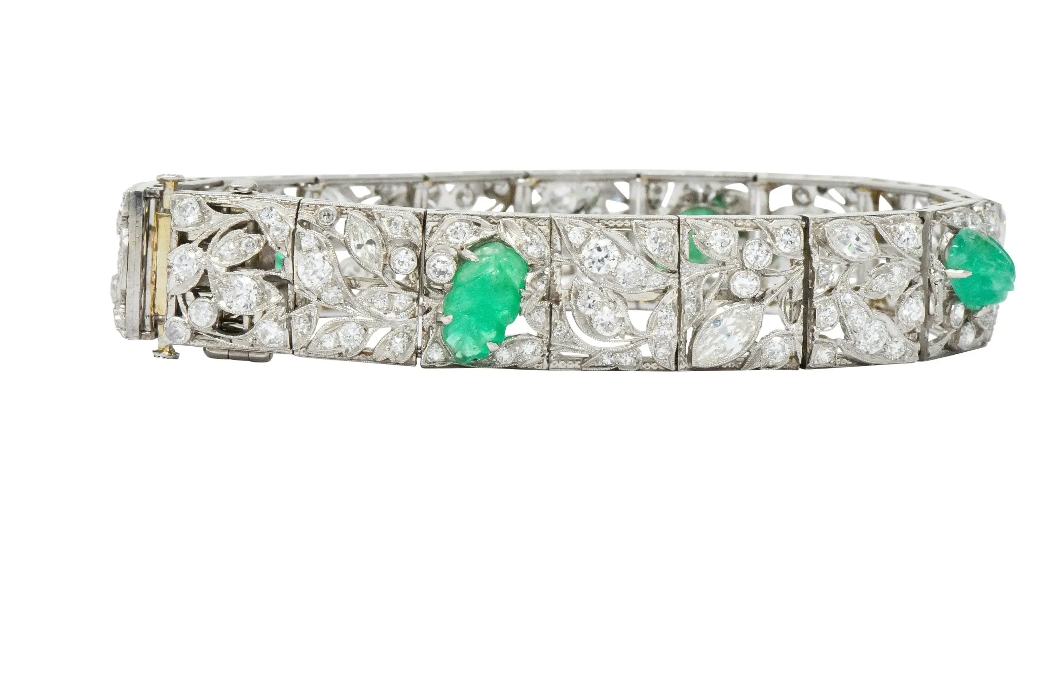 Art Deco Drosten 15.00 CTW Carved Emerald Diamond Platinum Bracelet