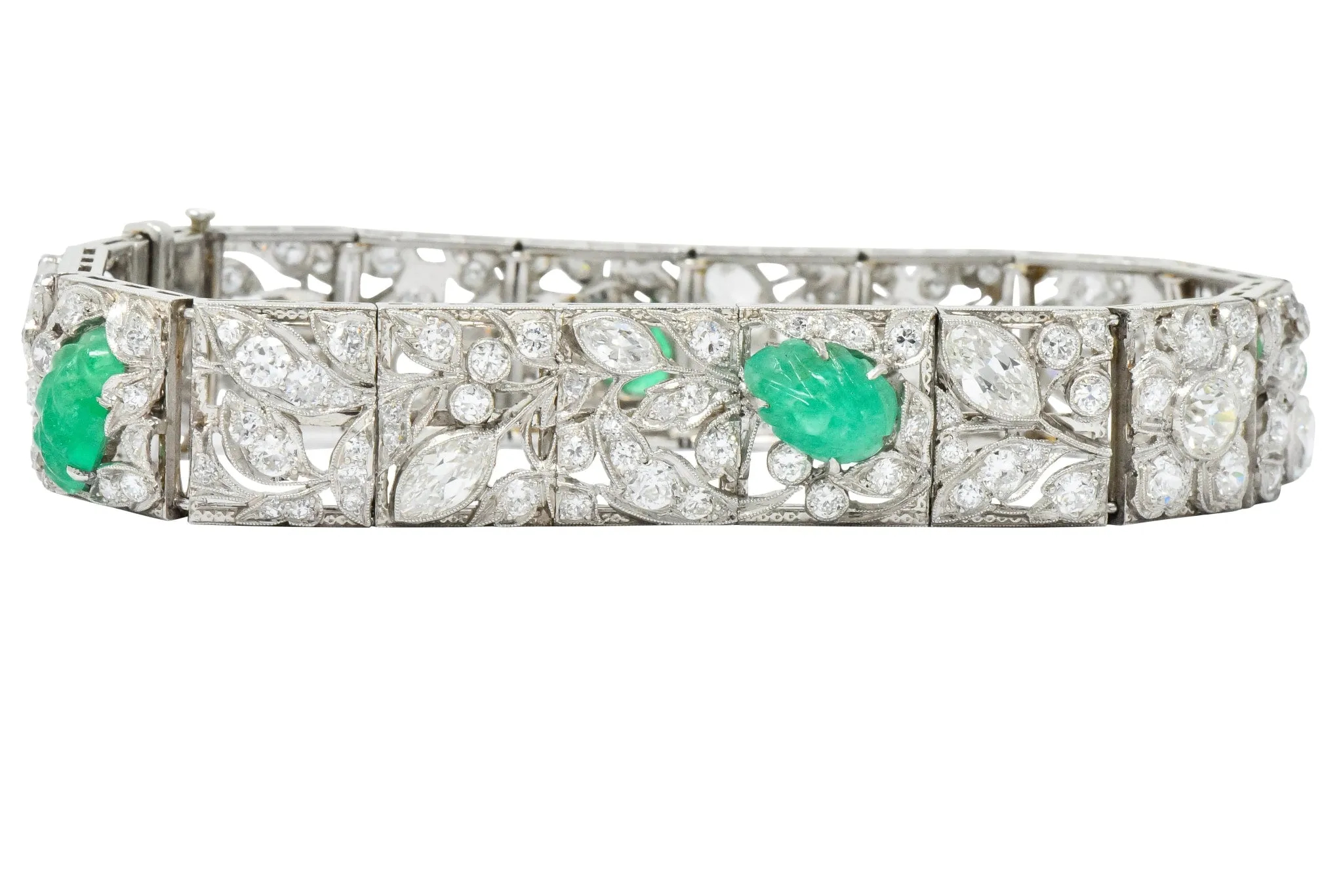 Art Deco Drosten 15.00 CTW Carved Emerald Diamond Platinum Bracelet