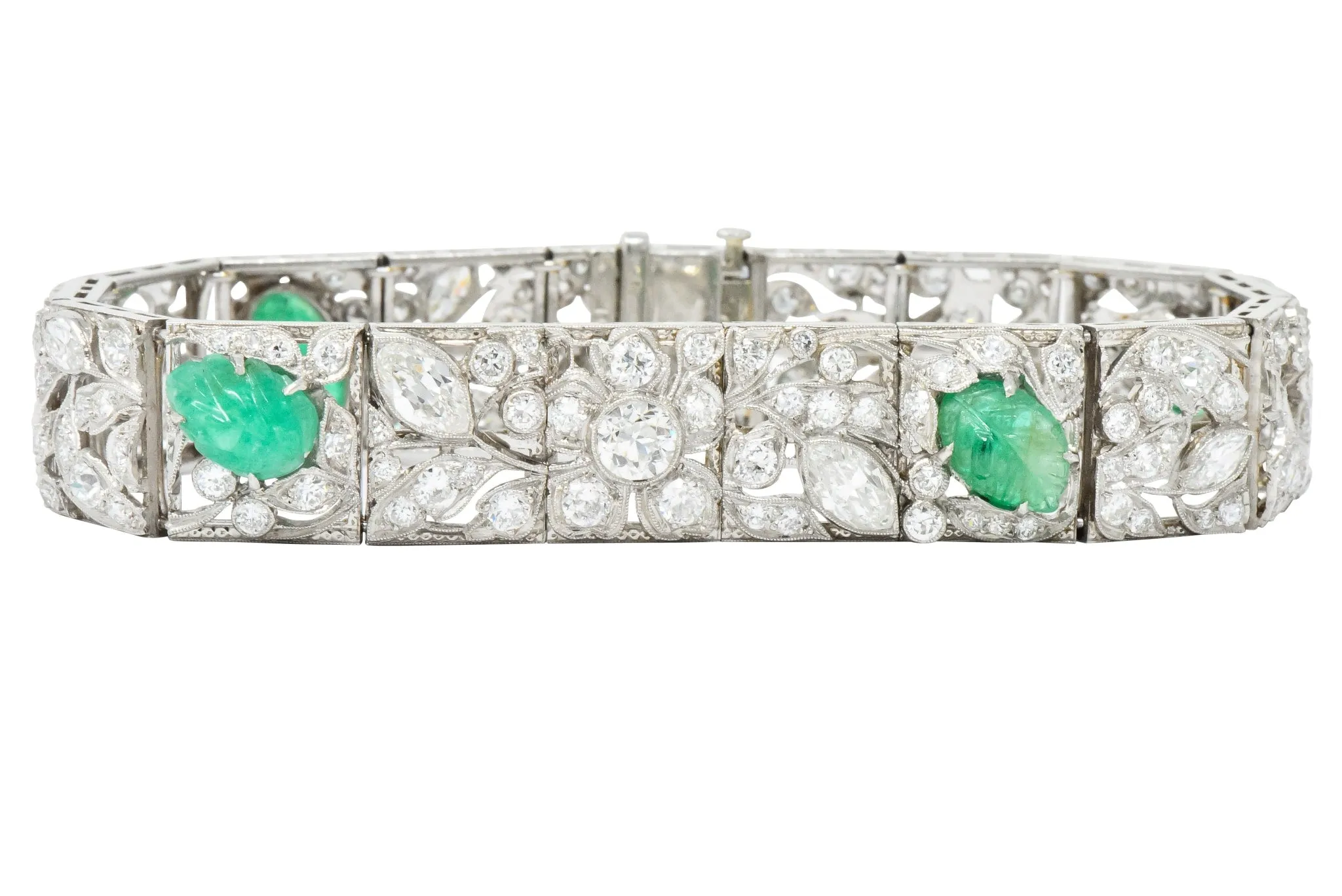 Art Deco Drosten 15.00 CTW Carved Emerald Diamond Platinum Bracelet