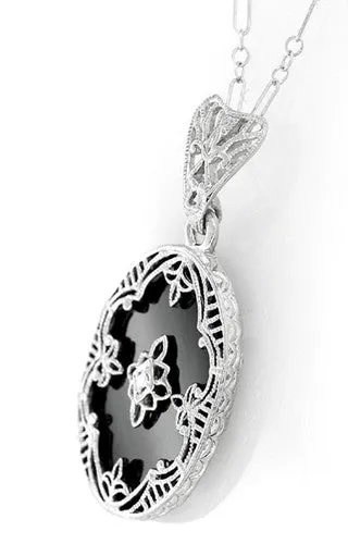 Art Deco Flowers Oval Black Onyx and Diamond Filigree Pendant Necklace in Sterling Silver