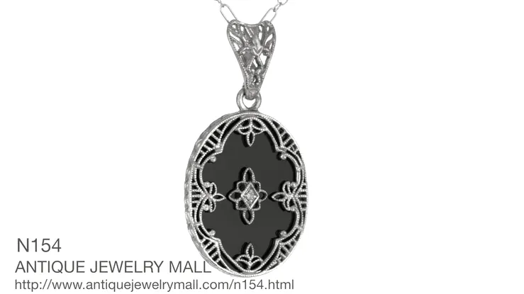 Art Deco Flowers Oval Black Onyx and Diamond Filigree Pendant Necklace in Sterling Silver