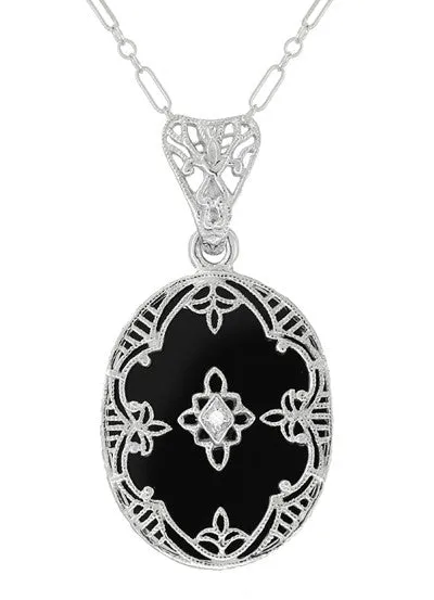 Art Deco Flowers Oval Black Onyx and Diamond Filigree Pendant Necklace in Sterling Silver