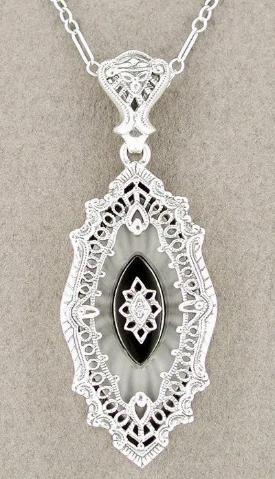 Art Deco Onyx and Crystal Diamond Set Filigree Pendant Necklace in 14 Karat White Gold