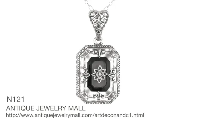 Art Deco Rectangular Onyx, Camphor Crystal and Diamond Filigree Necklace Pendant in Sterling Silver