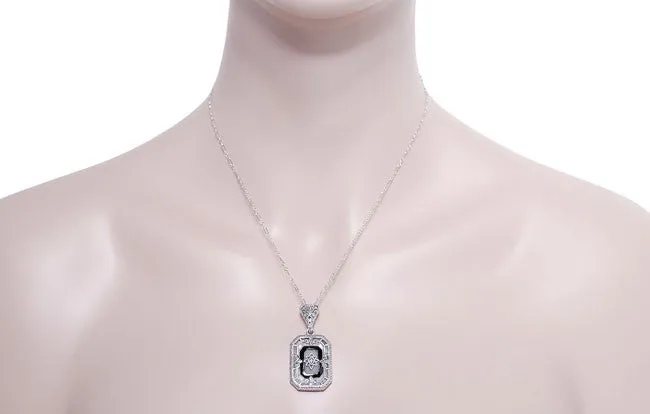 Art Deco Rectangular Onyx, Camphor Crystal and Diamond Filigree Necklace Pendant in Sterling Silver