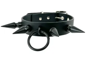 Black Leather Collar w/ Black O Ring and 2" Spikes