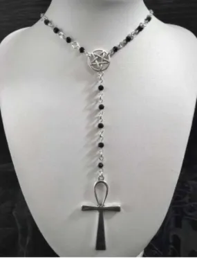 Black/Silver Rosary Choker Necklace w/ Hanging Ankh and Pentagram detail