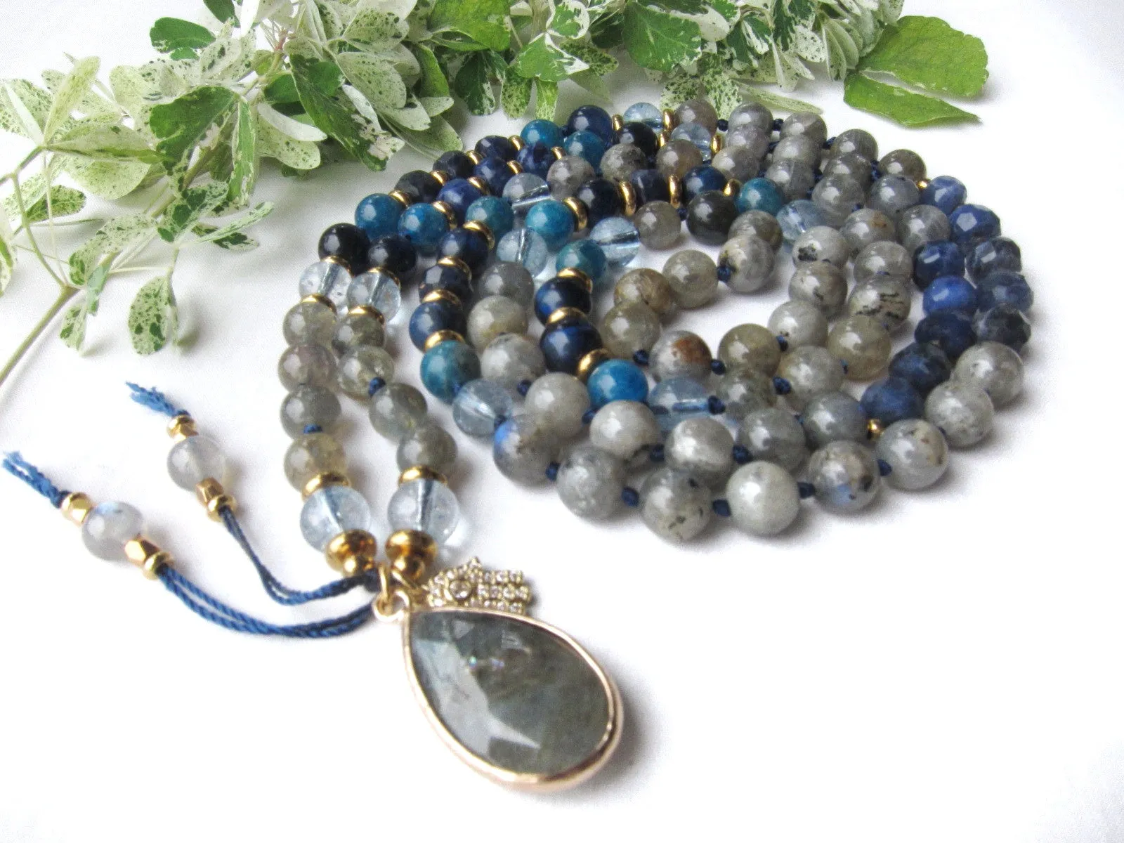 Blue Apatite, Sodalite, Rainbow Labradorite 108 Prayer Beads Mala Necklace