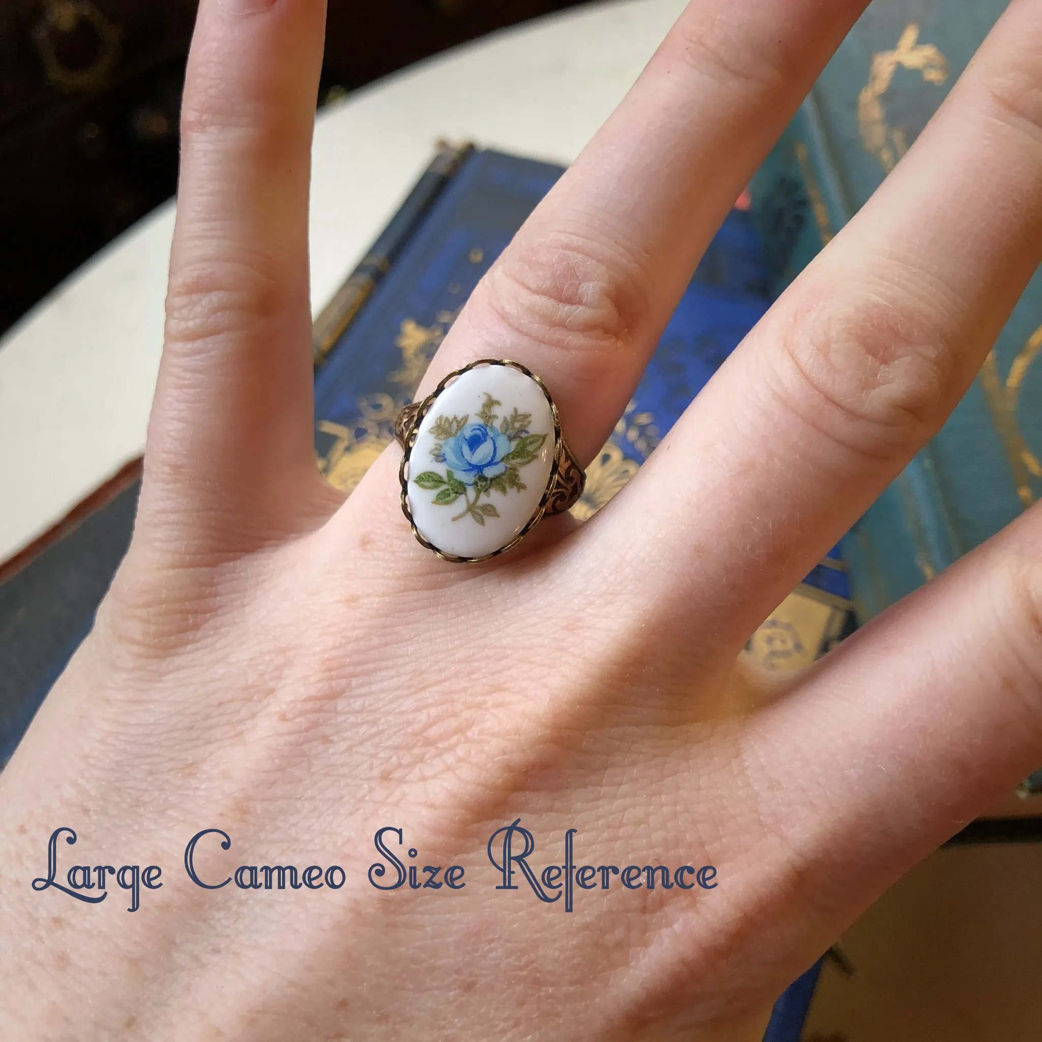 Blue Rose Cameo Ring on Vintage Style Victorian Filigree Adjustable Ring in Silver or Brass