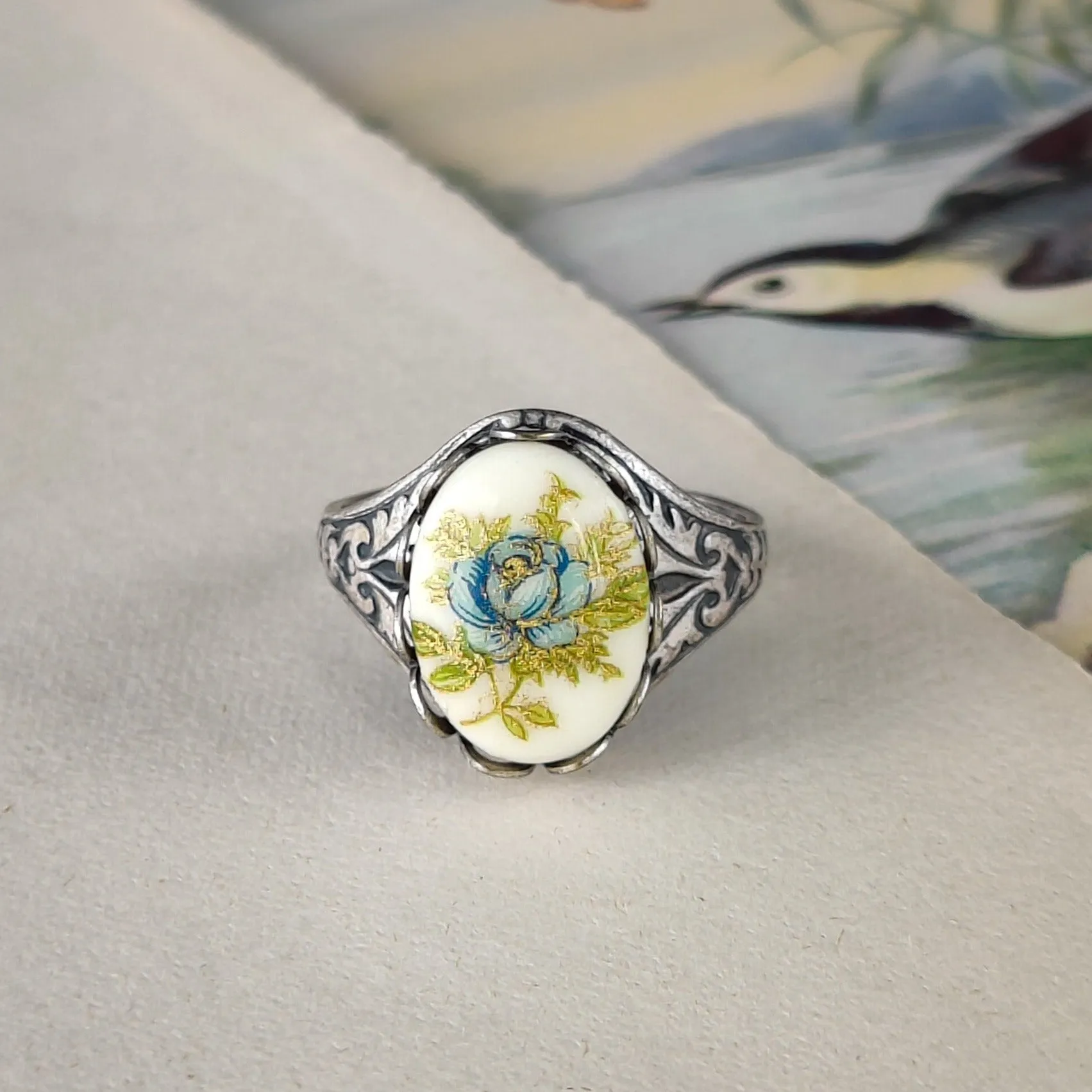 Blue Rose Cameo Ring on Vintage Style Victorian Filigree Adjustable Ring in Silver or Brass