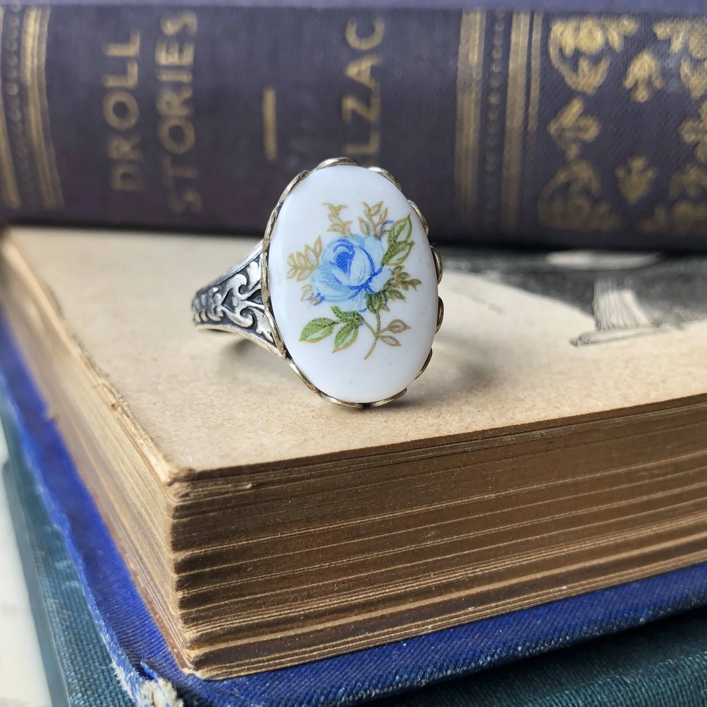 Blue Rose Cameo Ring on Vintage Style Victorian Filigree Adjustable Ring in Silver or Brass