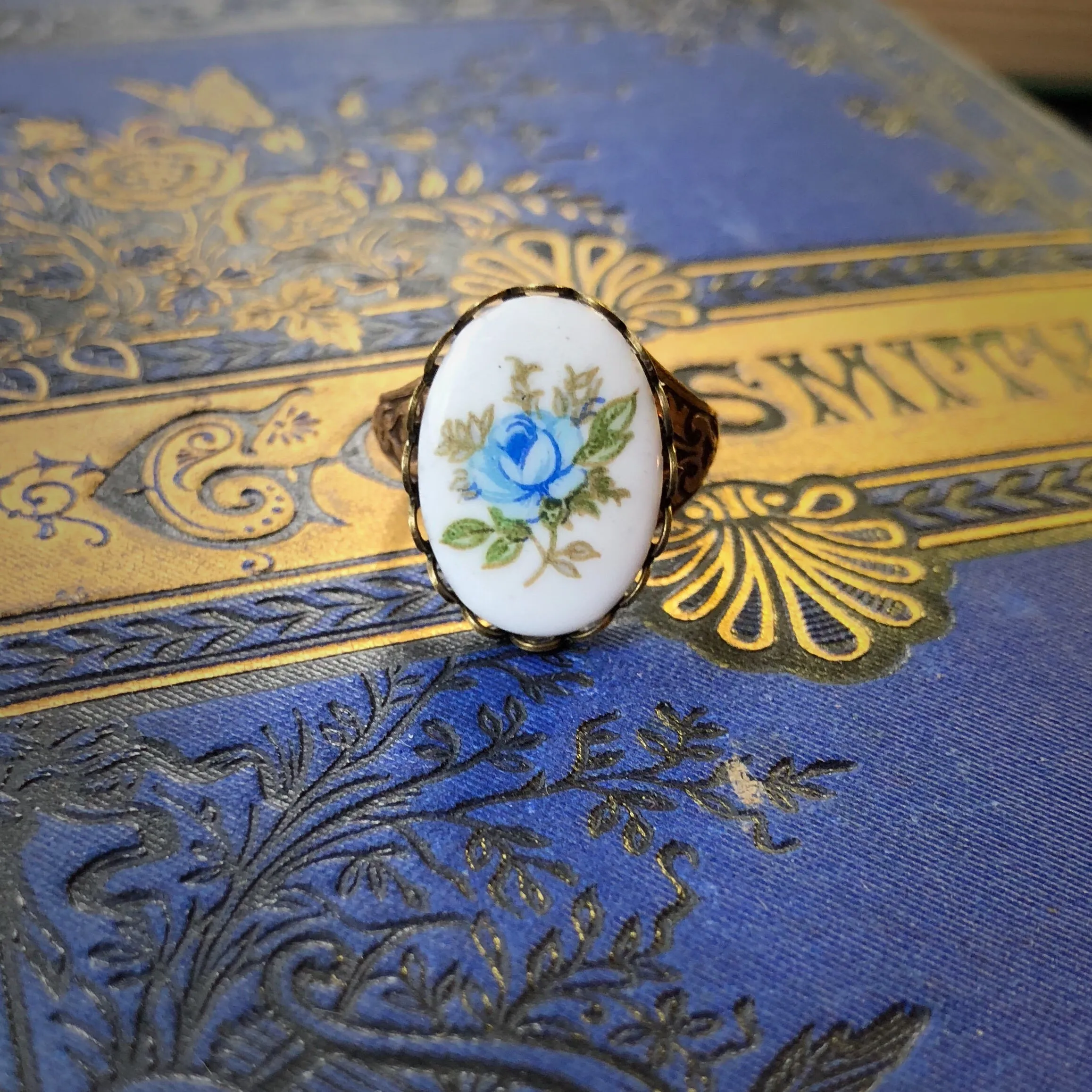 Blue Rose Cameo Ring on Vintage Style Victorian Filigree Adjustable Ring in Silver or Brass