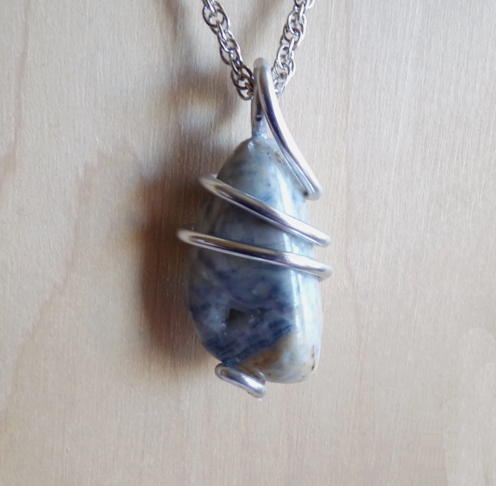 Blue Scheelite Natural Gemstone Wire Wrapped Pendant Necklace