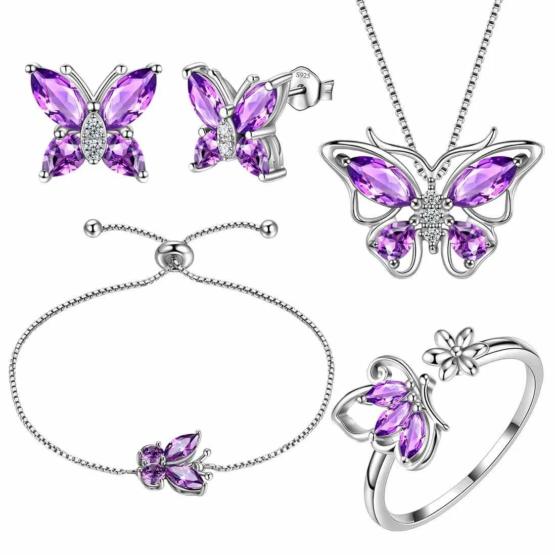 Butterfly Birthstone February Amethyst Jewelry Set 5PCS Women Girls Birthday Gift