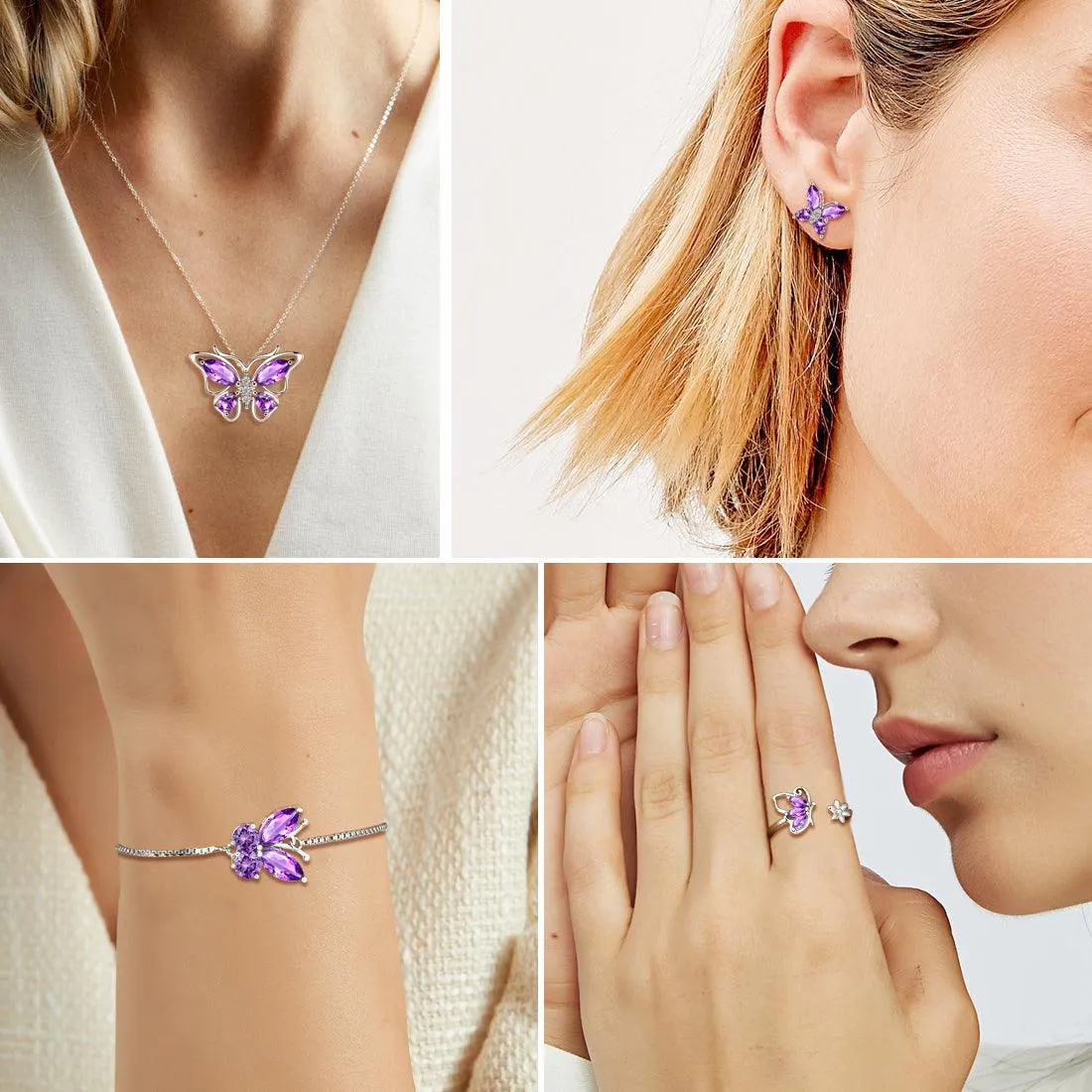 Butterfly Birthstone February Amethyst Jewelry Set 5PCS Women Girls Birthday Gift