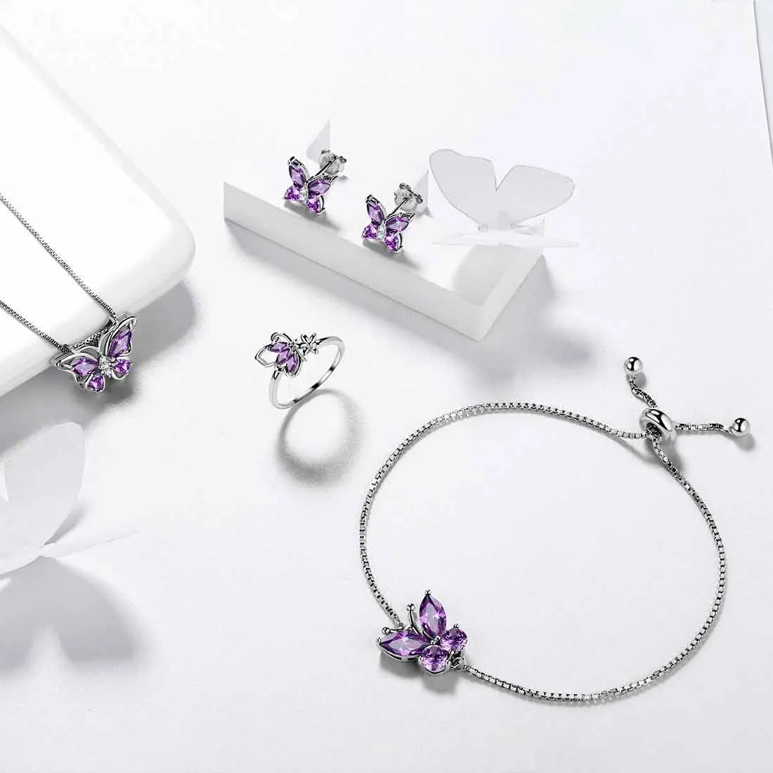 Butterfly Birthstone February Amethyst Jewelry Set 5PCS Women Girls Birthday Gift