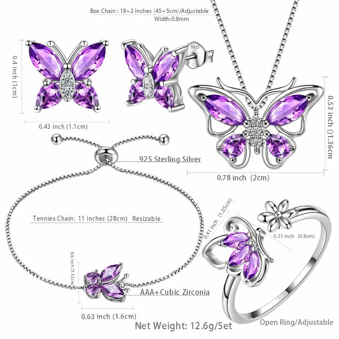 Butterfly Birthstone February Amethyst Jewelry Set 5PCS Women Girls Birthday Gift