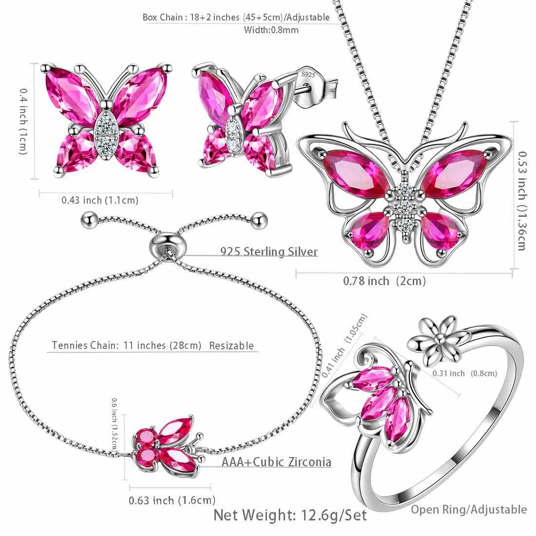 Butterfly Birthstone July Ruby Jewelry Set 5PCS Women Girls Birthday Gift