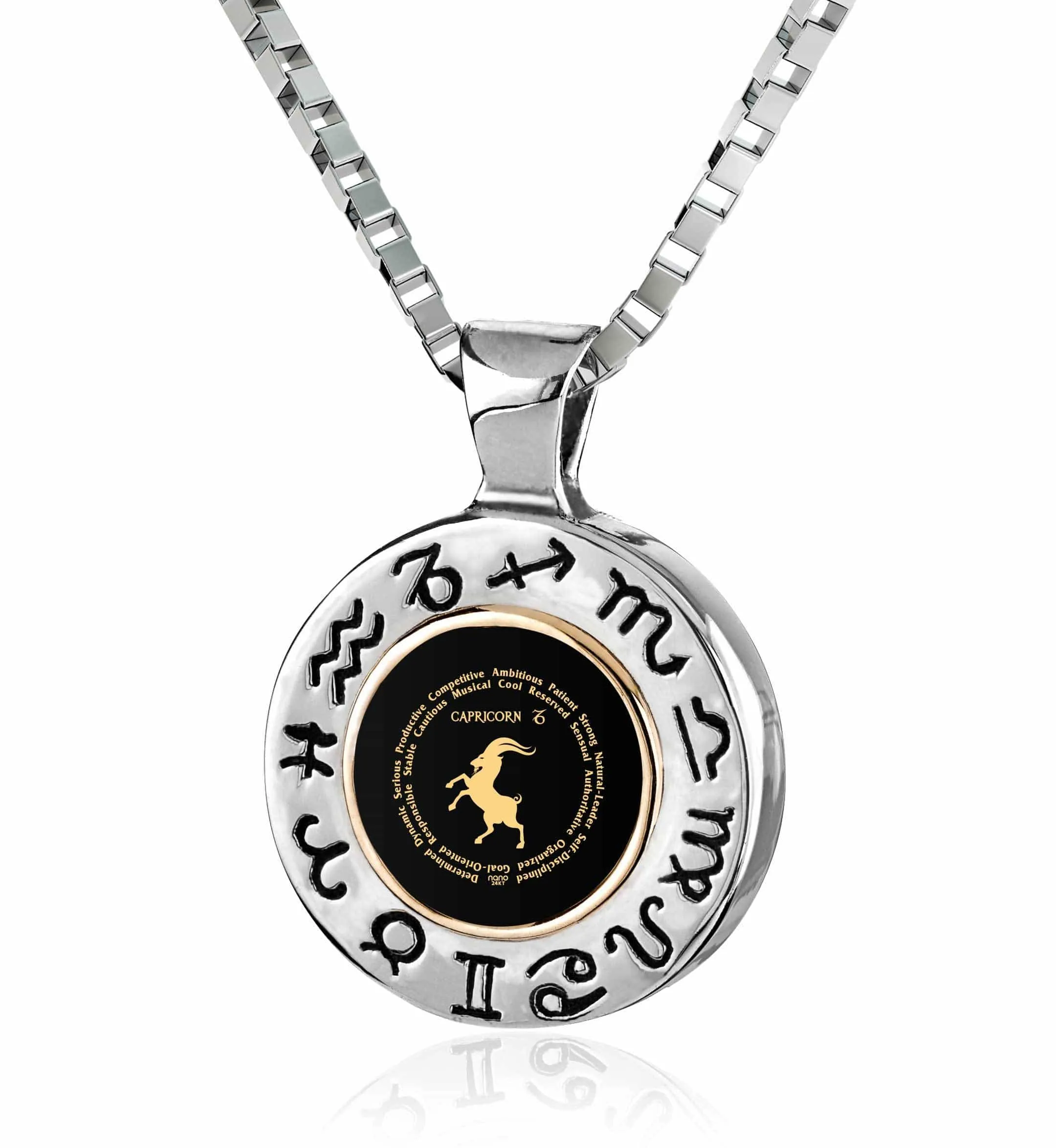 Capricorn Sign, 925 Sterling Silver with 14K Gold Necklace, Onyx