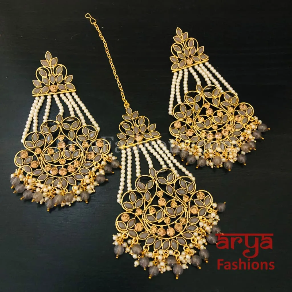 Champagne, Gray, White Mang Tika and Earrings Combo/Chandbali and MangTika Combo